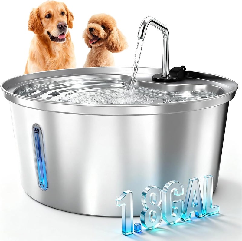 Pawccoli Dog Water Fountain Stainless Steel, 7L/1.8Gal Pet Fountain Water Bowl with Multi-Filtration & Deeper Drinking Aera, Large cat Water Fountain with Water Window & LED, Ultra-Quiet - Image 1